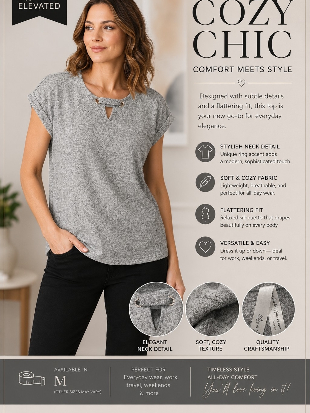 Cozy Chic Relaxed Neck Ring Top - Gray